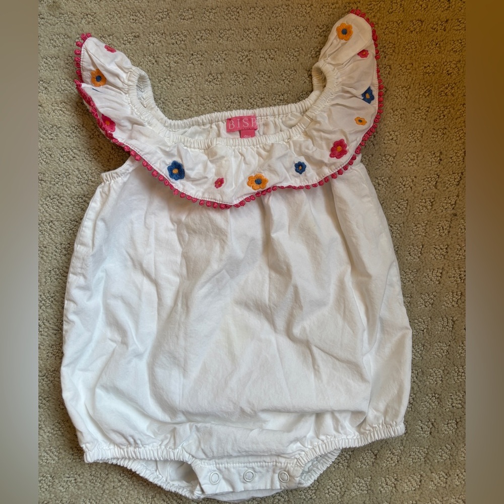 Bisby White Ruffled Kids One Piece with Floral Accents - Picture 1 of 3